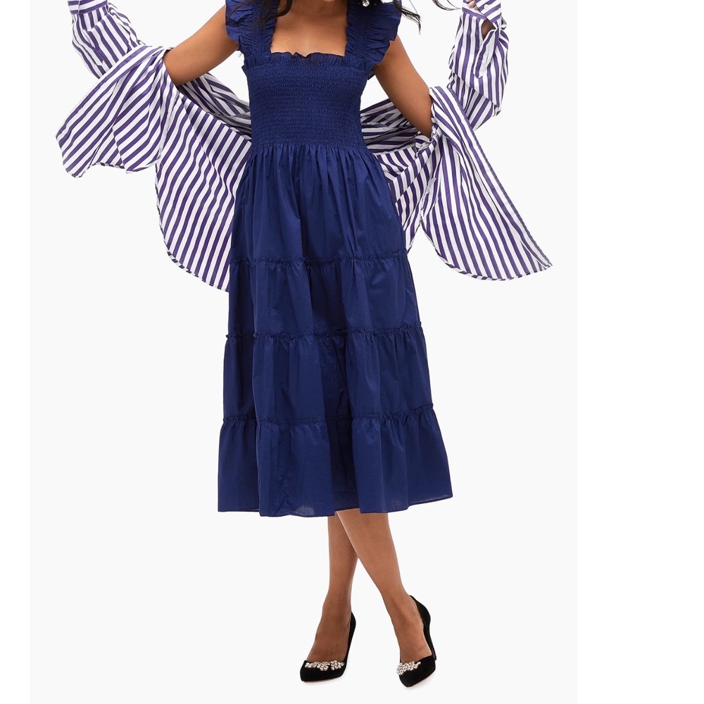 Hill House Home The Ellie Nap Dress Navy Blue Smocked Ruffle Midi XS